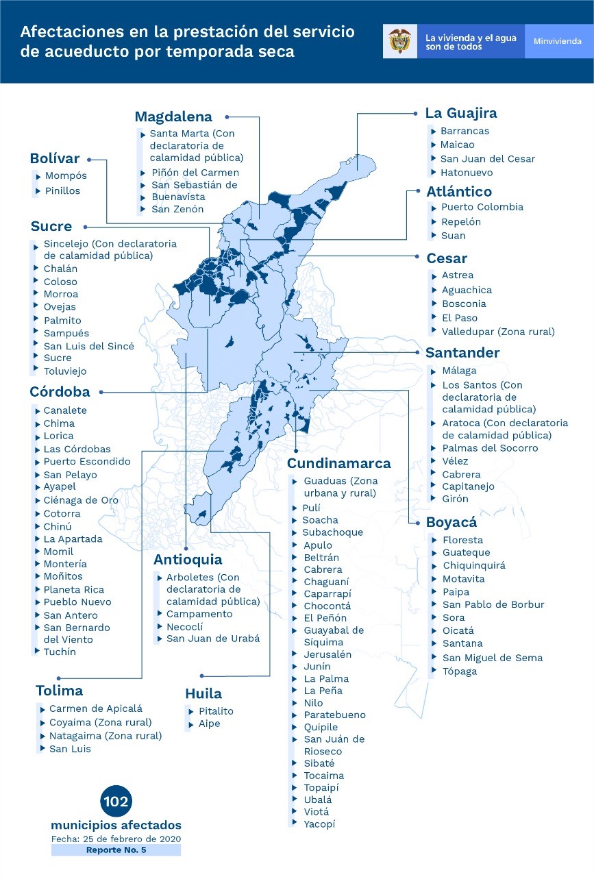 Mapa con zonas afectadas por sequía en el territorio nacional. Foto: Archivo MVCT