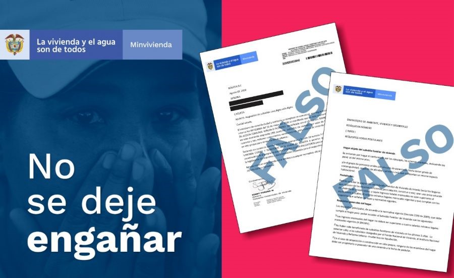 Personas inescrupulosas falsifican documentación en la que suplantan a funcionarios del Ministerio de Vivienda. Foto: Archivo MVCT.