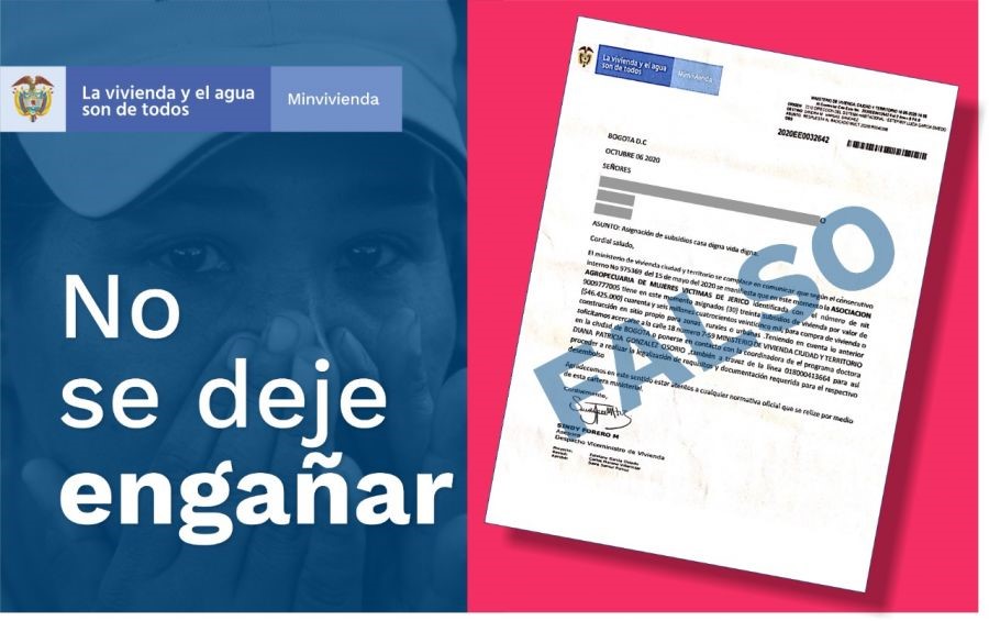 Con documentos falsos pretenden suplantar a funcionarios del Ministerio de Vivienda para exigir dinero a cambio de falsas promesas de vivienda. Foto: Archivo MVCT