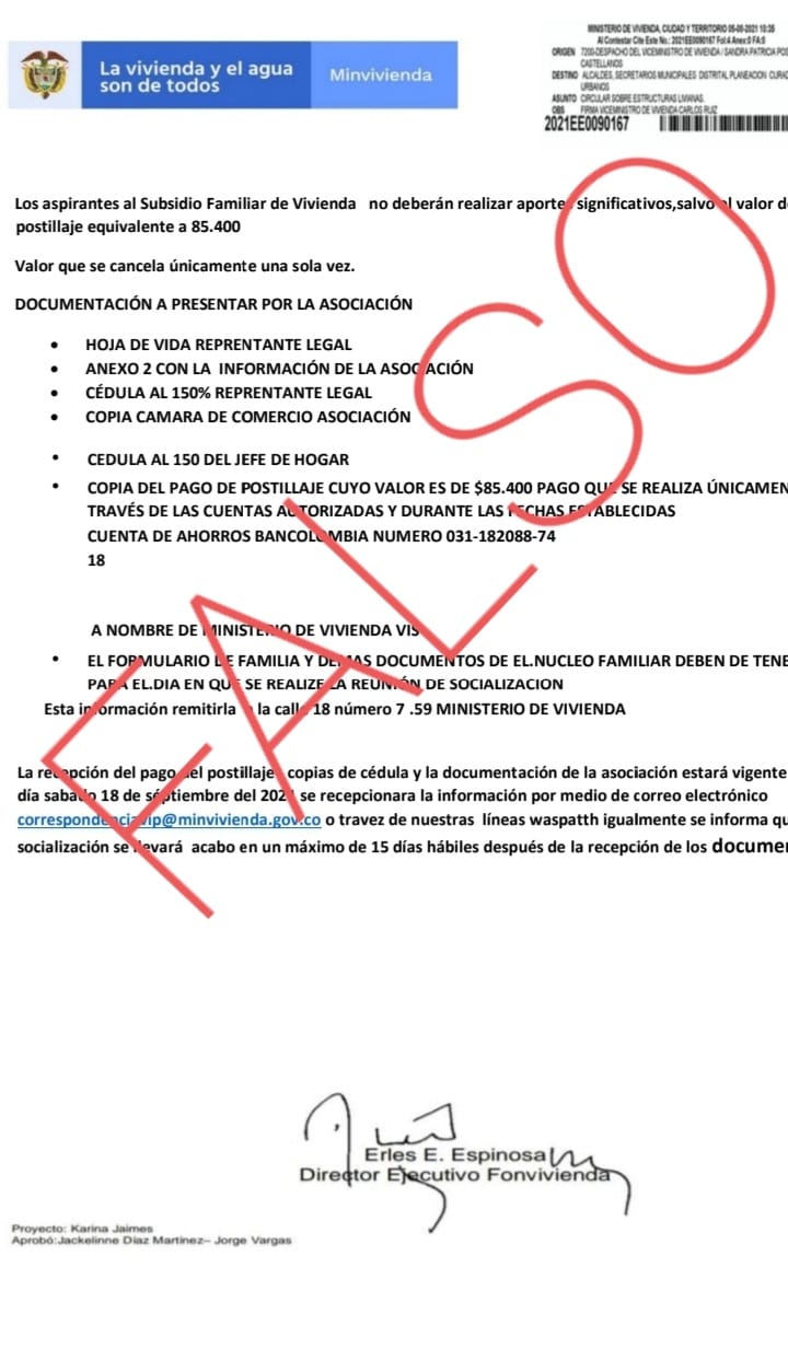 D‍ocumento falsificado para estafar a los interesados en aplicar a los subsidios de vivienda (MVCT)