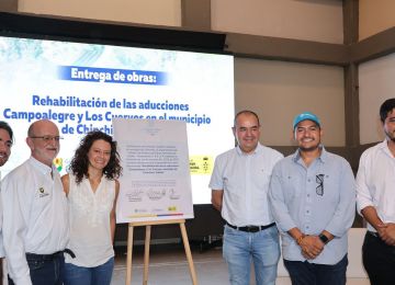 FOTOGRAFÍA VICEMINISTERIO DE AGUA Y SANEAMIENTO BÁSICO, EDWARD LIBREROS; LA DIRECTORA DE POLÍTICA Y REGULACIÓN, NATALIA DUARTE; EL GOBERNADOR DE CALDAS, HENRY GUTIÉRREZ ÁNGEL; EL ALCALDE DE CHINCHINÁ, DYLAN CORTES Y EL GERENTE DE EMPOCALDAS, MATEO LOAIZA, EN INAUGURACIÓN DE OBRAS DE REHABILITACIÓN DE LAS ADUCCIONES CAMPOALEGRE Y LOS CUERVOS.