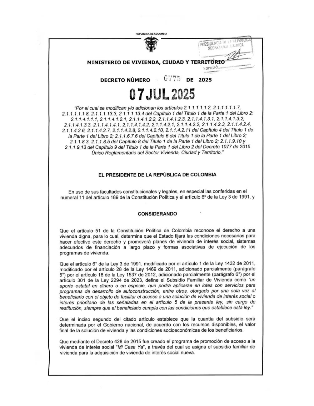 FOTOGRAFÍA DECRETO VIVIENDA USADA PARA GRUPOS VULNERABLES