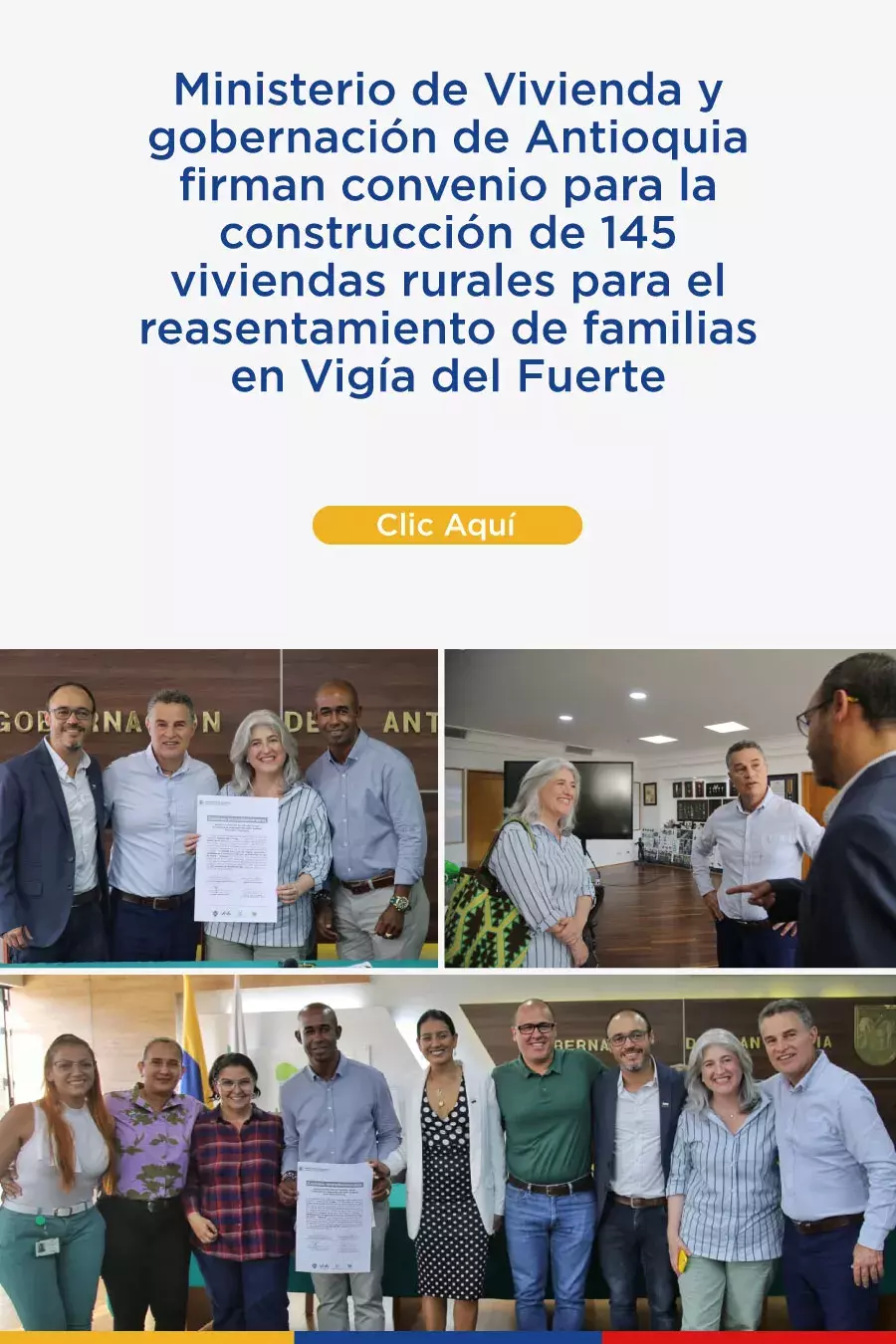 Ministerio de Vivienda y gobernación de Antioquia firman convenio para la construcción de 145 viviendas rurales para el reasentamiento de familias en Vigía del Fuerte