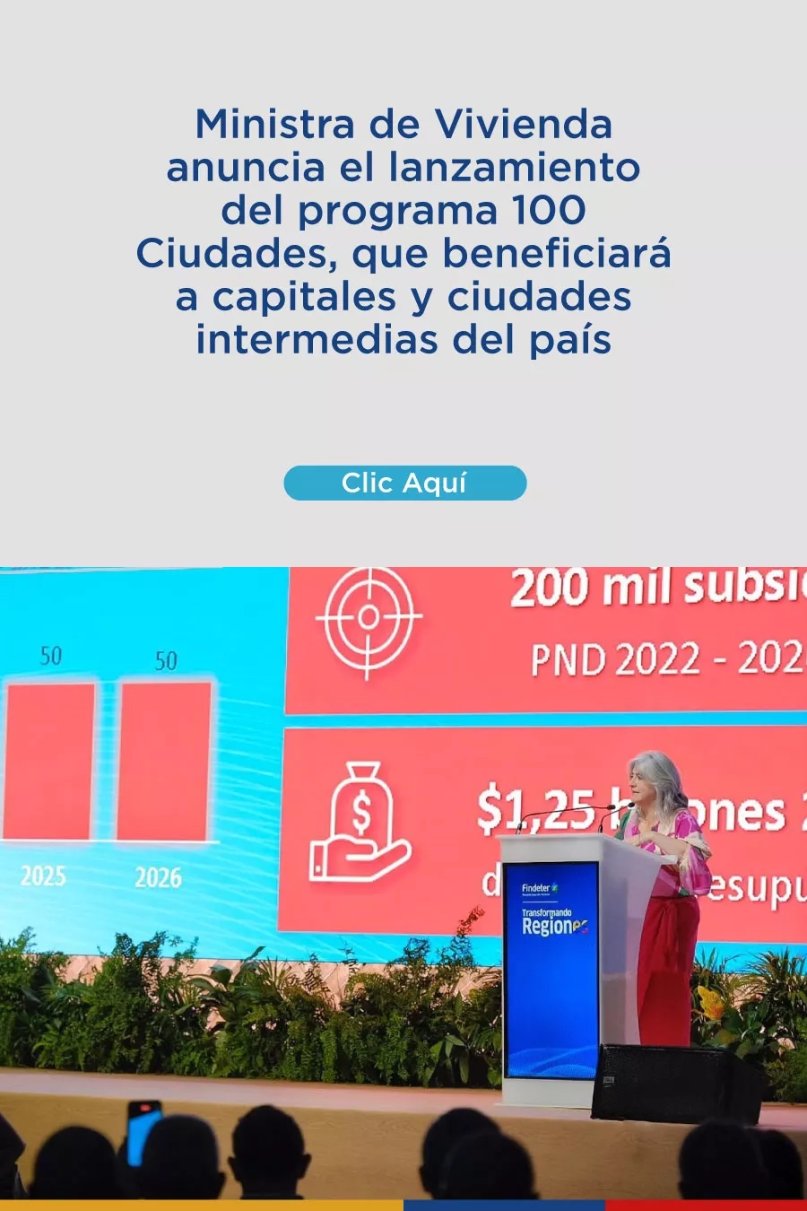 Ministra de Vivienda anuncia el lanzamiento del programa 100 Ciudades, que beneficiará a capitales y ciudades intermedias del país