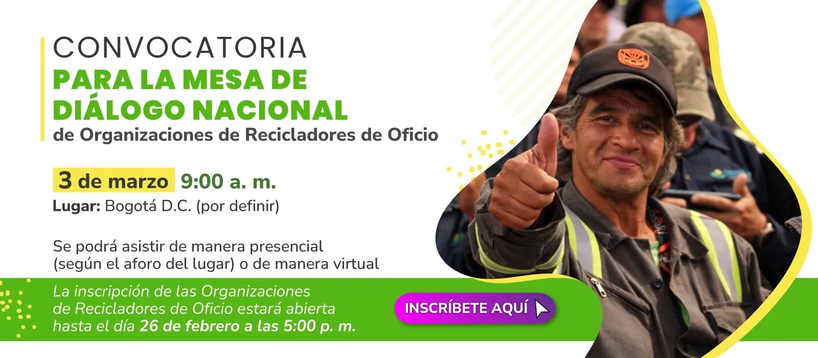 PIEZA GRAFICA CONVOCATORIA PARA LA MESA DE DIÁLOGO NACIONAL DE ORGANIZACIONES DE RECICLADORES DE OFICIO 2