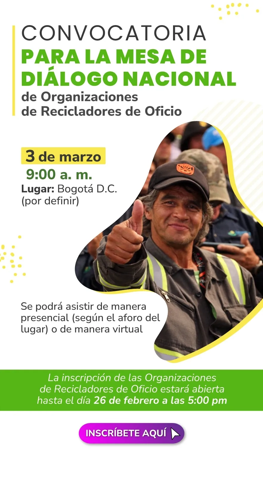 PIEZA GRAFICA CONVOCATORIA PARA LA MESA DE DIÁLOGO NACIONAL DE ORGANIZACIONES DE RECICLADORES DE OFICIO 2