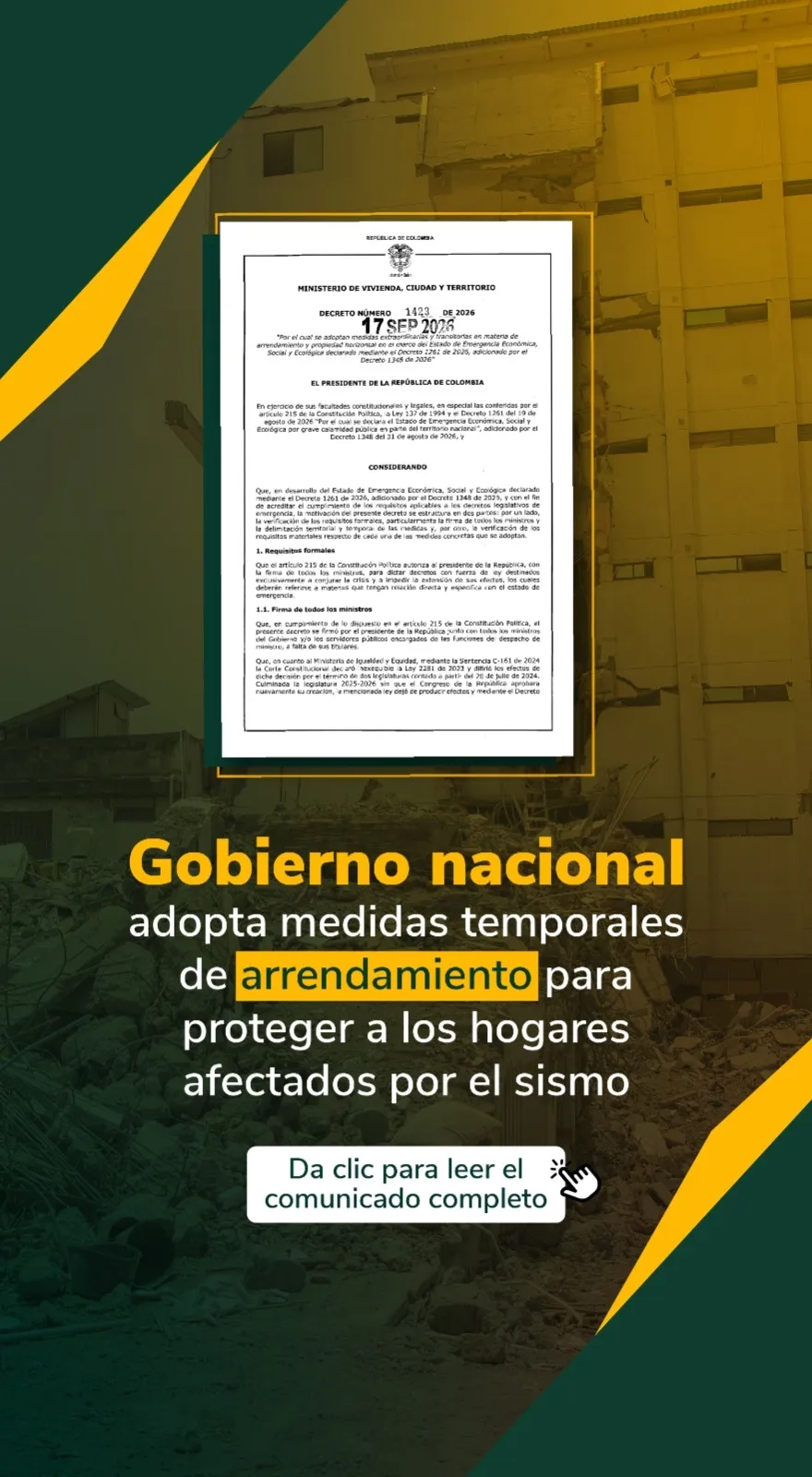 PIEZA GRAFICA COMUNICADO GOBIERNO ADOPTA MEDIDAS TEMPORALES DE ARRIENDO PARA AFECTADOS POR EL TERREMOTO